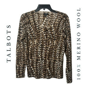 1611. TALBOTS PETITES LONG SLEEVE CARDIGAN PURE MERINO WOOL‎ SIZE MEDIUM BROWN